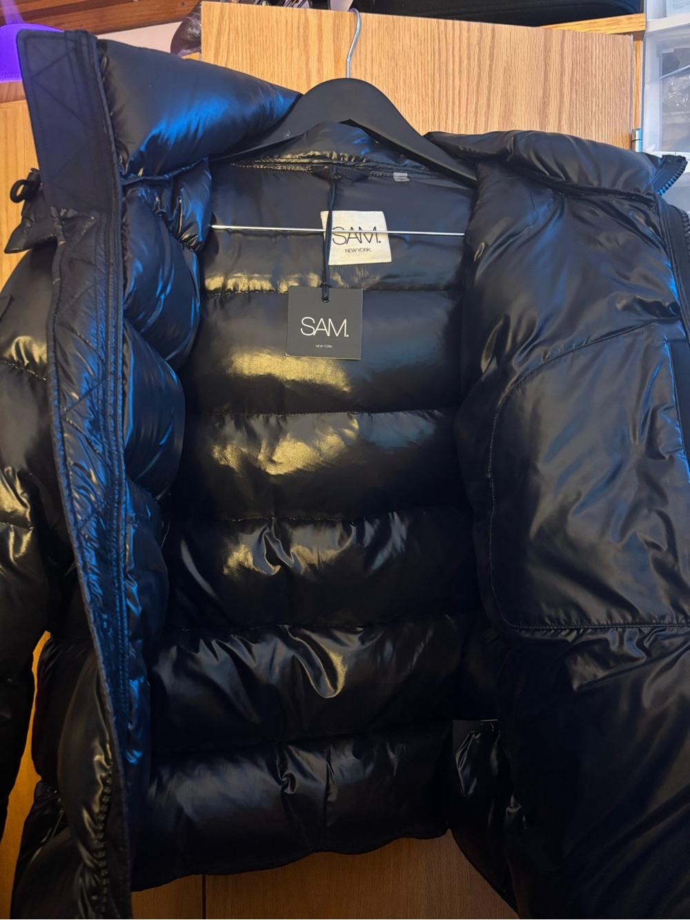 SM New York Men's Glossy Black Quilted Puffer Jacket